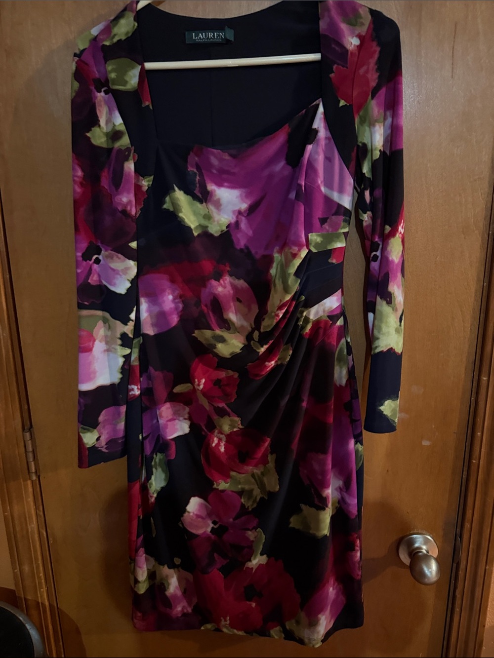 Floral Wrap-Style Long Sleeve Dress in Purple & Black